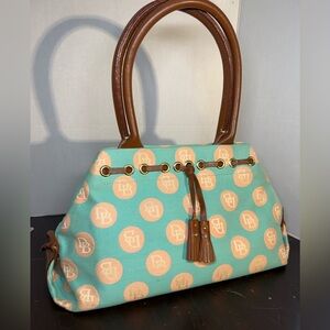 Dooney & Bourke Turquoise Peach Logo Polkadots Brown Leather Accents